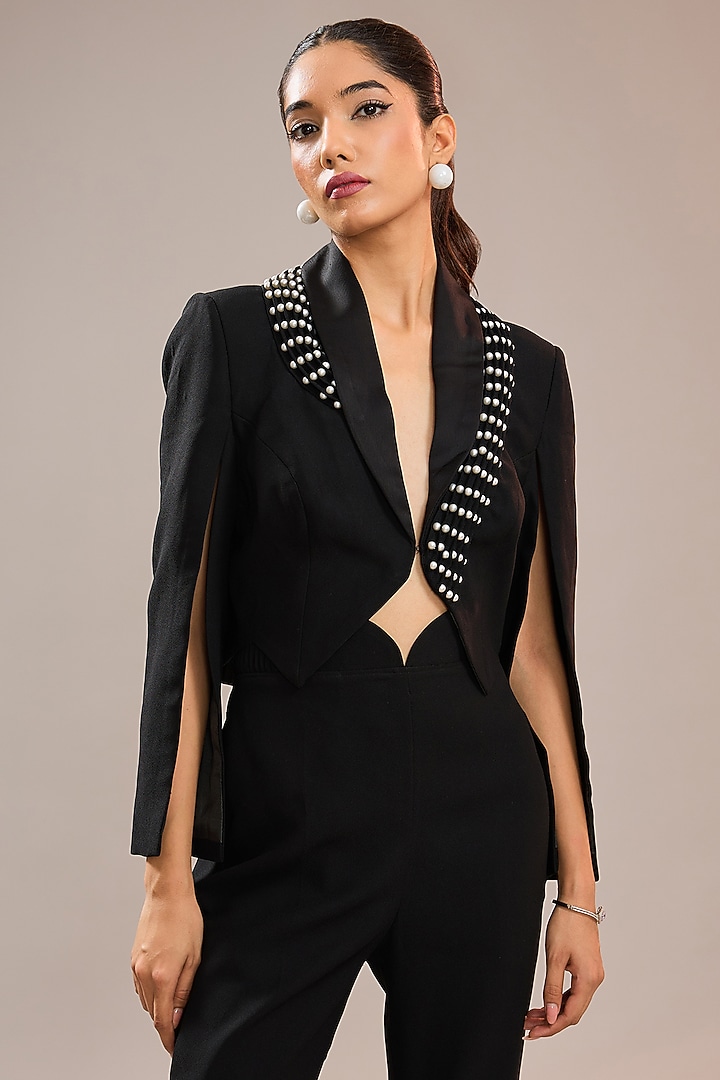 Black Imported Crepe Crop Jacket by CP by Chandini and Priyanka at Pernia's Pop Up Shop