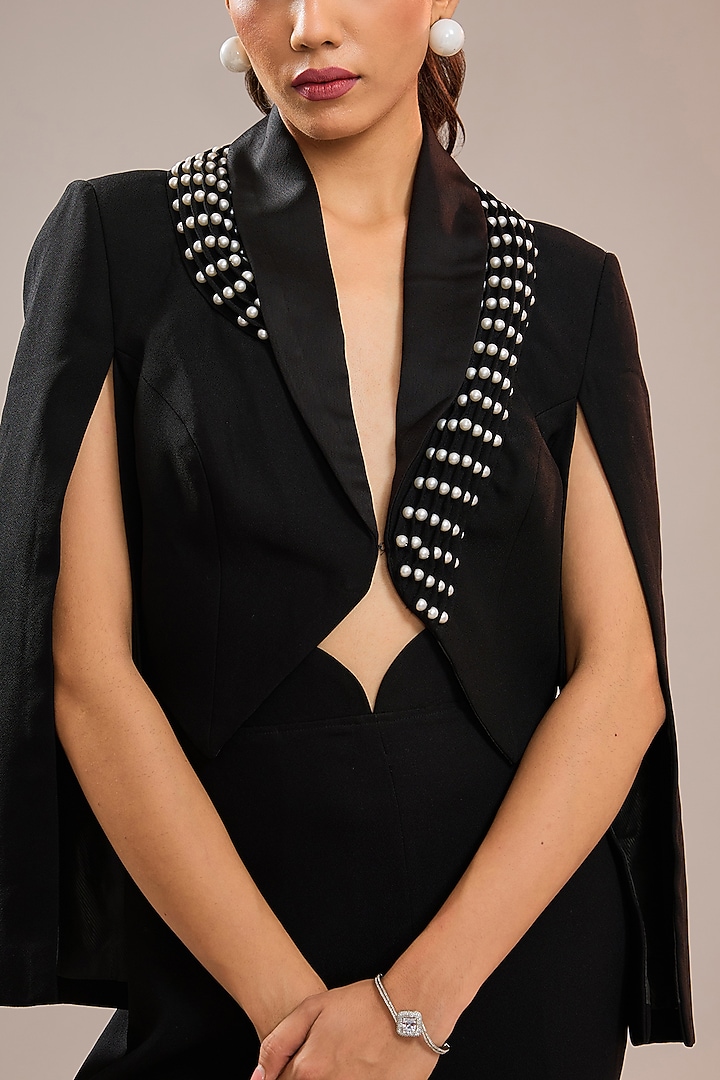Black Imported Crepe Crop Jacket by CP by Chandini and Priyanka at Pernia's Pop Up Shop