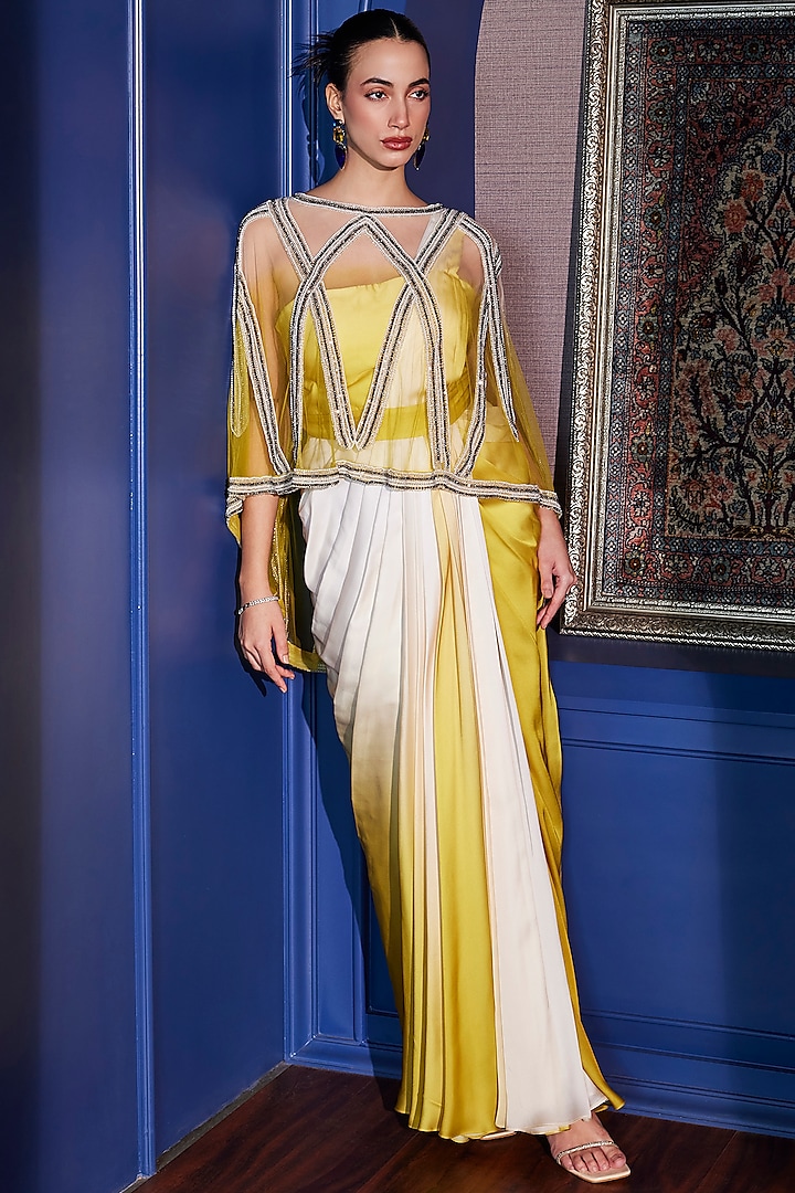 Acid Yellow Imported Satin Draped Gown Saree With Cape by CP by Chandini and Priyanka at Pernia's Pop Up Shop