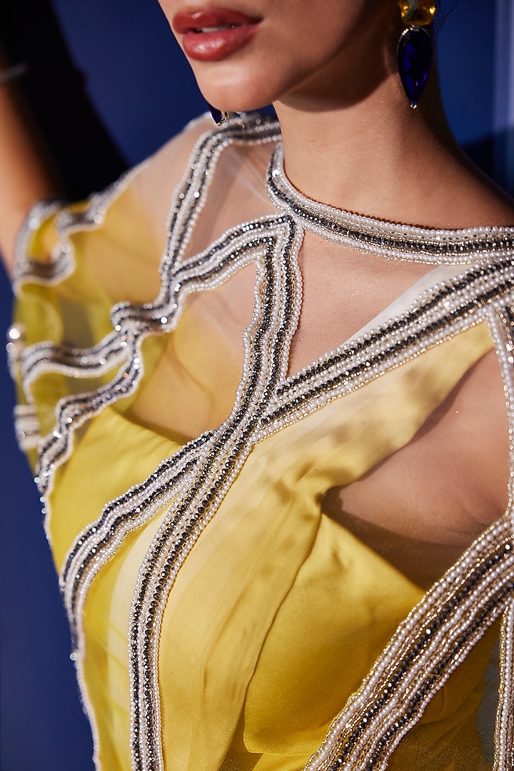 Acid Yellow Imported Satin Draped Wedding Gown Saree With Cape by CP by Chandini and Priyanka at Pernia's Pop Up Shop