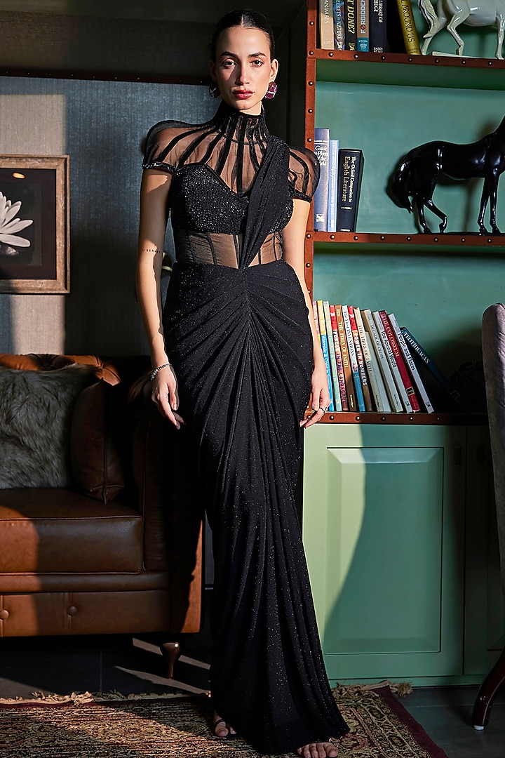 Rich Black Metallic Lycra & Organza Draped Gown Saree by CP by Chandini and Priyanka at Pernia's Pop Up Shop