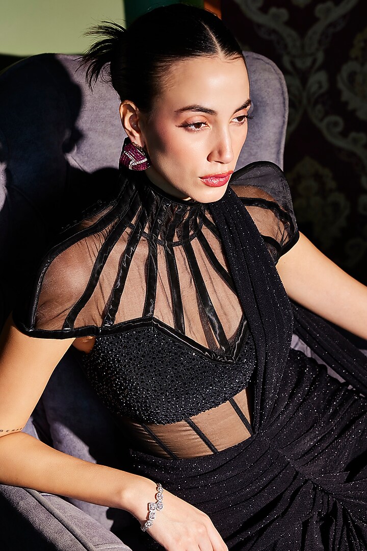 Rich Black Metallic Lycra & Organza Draped Wedding Gown Saree by CP by Chandini and Priyanka at Pernia's Pop Up Shop