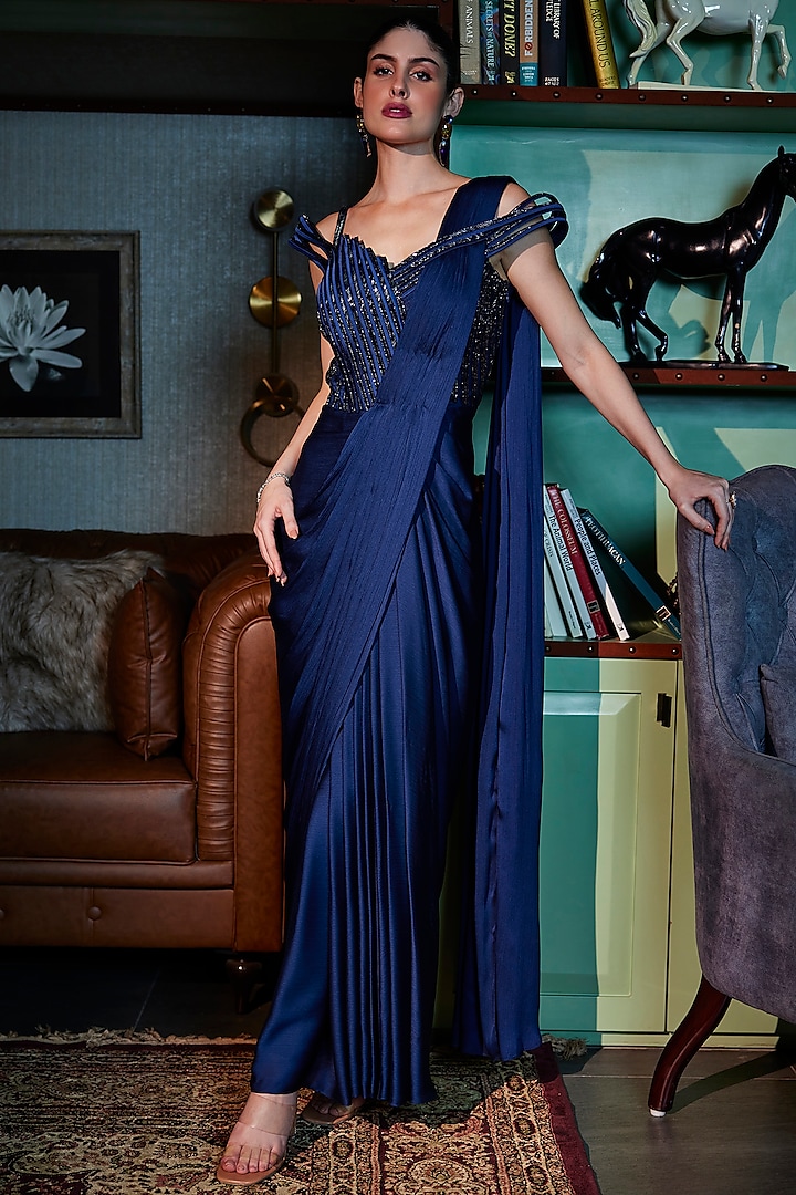 Imperial Blue Imported Satin Embellished Structured Draped Gown Saree by CP by Chandini and Priyanka at Pernia's Pop Up Shop