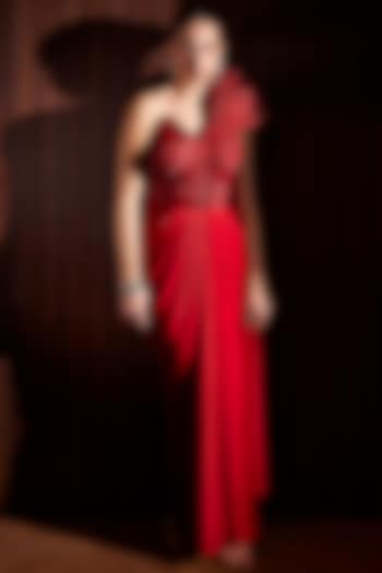 Scarlet Red Imported Satin & Crushed Organza Off-Shoulder Draped Wedding Gown Saree by CP by Chandini and Priyanka at Pernia's Pop Up Shop
