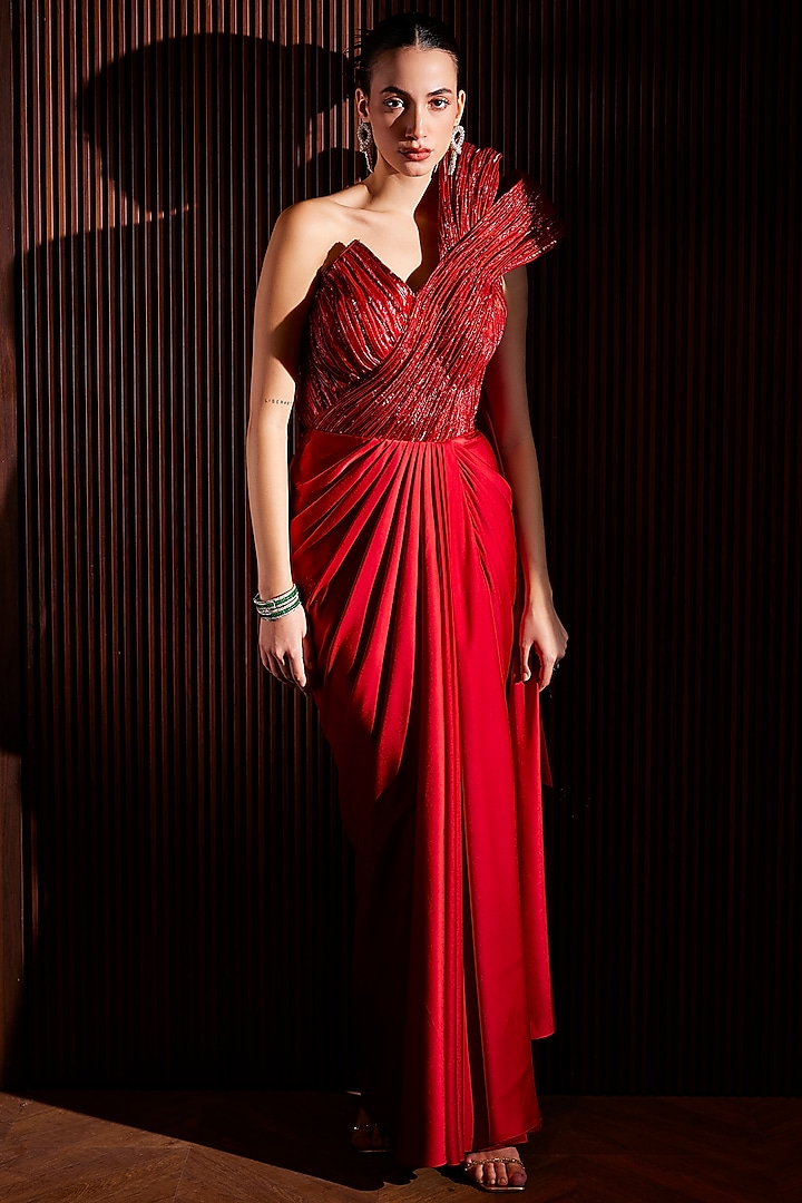 Scarlet Red Imported Satin & Crushed Organza Off-Shoulder Draped Wedding Gown Saree by CP by Chandini and Priyanka at Pernia's Pop Up Shop