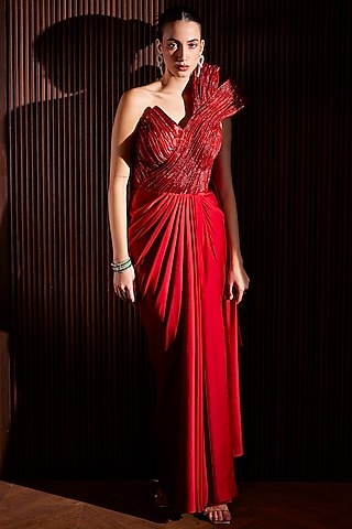 Scarlet Red Imported Satin & Crushed Organza Off-Shoulder Draped Gown Saree by CP by Chandini and Priyanka