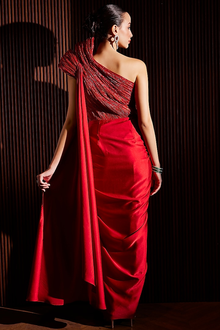 Scarlet Red Imported Satin & Crushed Organza Off-Shoulder Draped Wedding Gown Saree by CP by Chandini and Priyanka at Pernia's Pop Up Shop