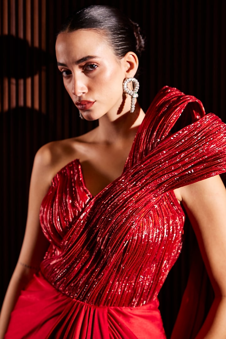 Scarlet Red Imported Satin & Crushed Organza Off-Shoulder Draped Wedding Gown Saree by CP by Chandini and Priyanka at Pernia's Pop Up Shop