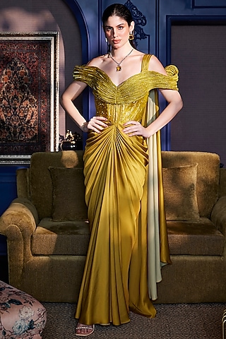 Acid Yellow Ombre Imported Satin & Crushed Organza Draped Gown Saree by CP by Chandini and Priyanka