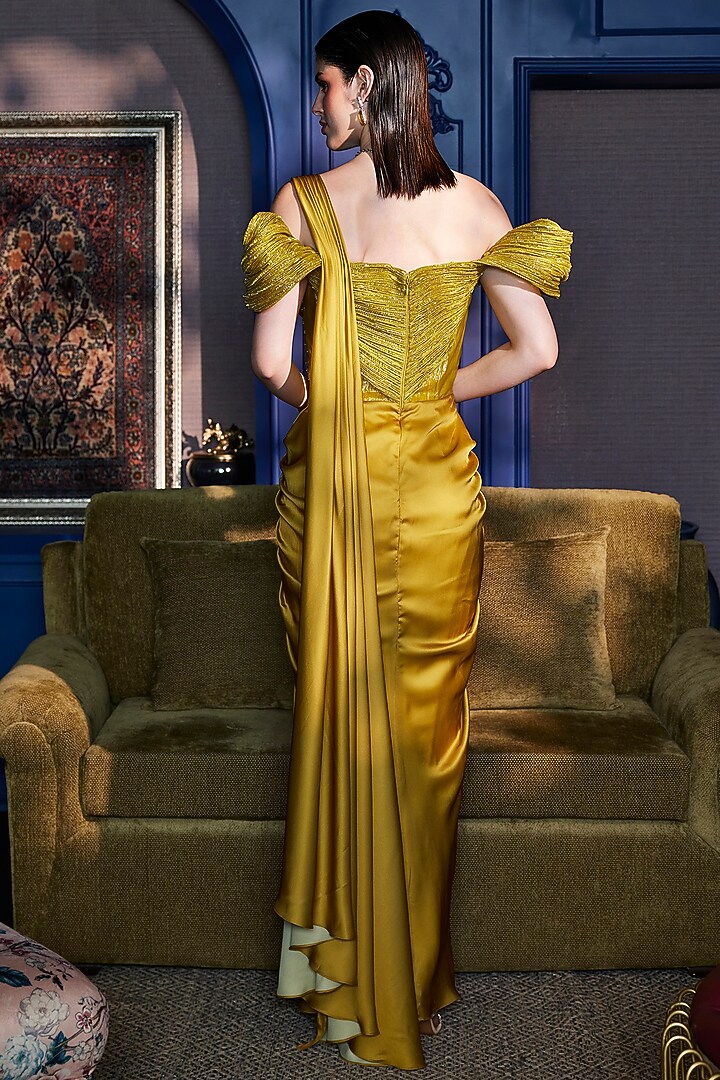 Acid Yellow Ombre Imported Satin & Crushed Organza Draped Wedding Gown Saree by CP by Chandini and Priyanka at Pernia's Pop Up Shop