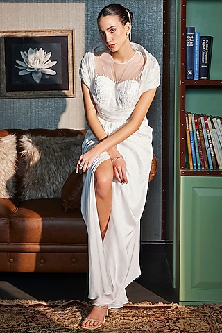 Ivory Crinkled Organza & Metallic Satin Draped Gown Saree by CP by Chandini and Priyanka