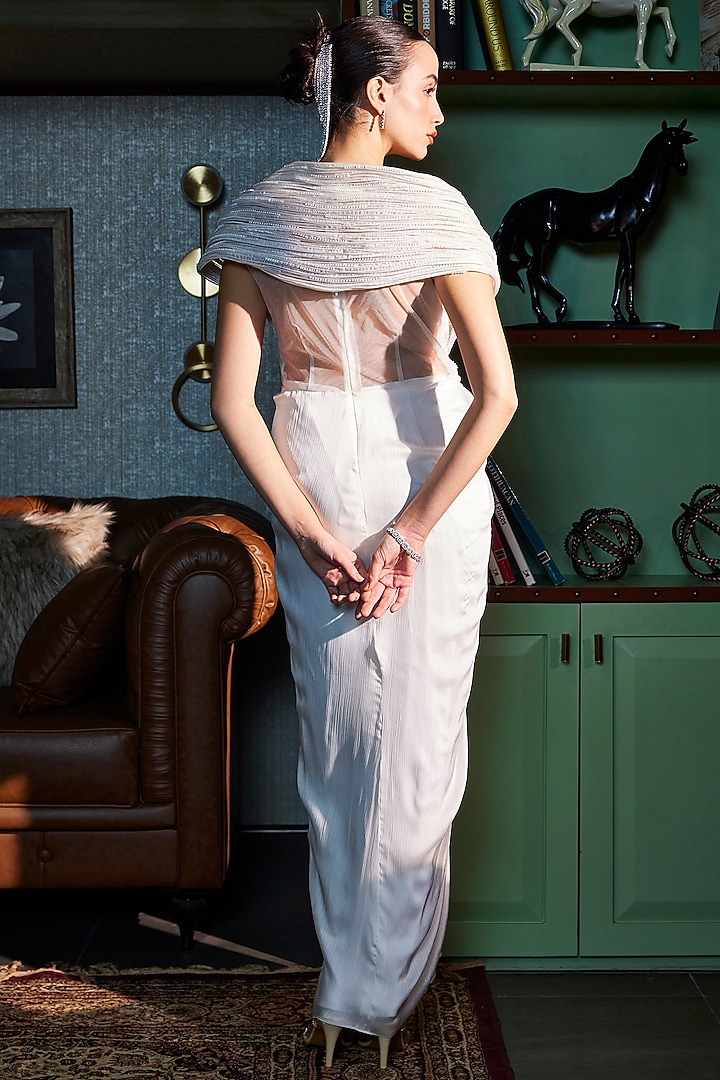 Ivory Crinkled Organza & Metallic Satin Draped Wedding Gown Saree by CP by Chandini and Priyanka at Pernia's Pop Up Shop