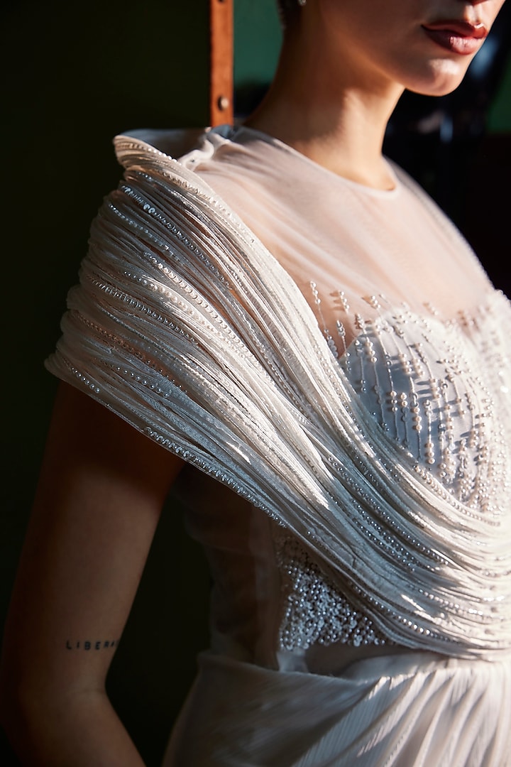 Ivory Crinkled Organza & Metallic Satin Draped Wedding Gown Saree by CP by Chandini and Priyanka at Pernia's Pop Up Shop