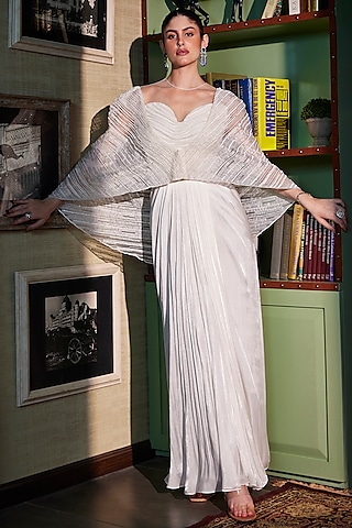 Ivory Metallic Satin & Crinkled Organza Draped Gown Saree With Cape by CP by Chandini and Priyanka
