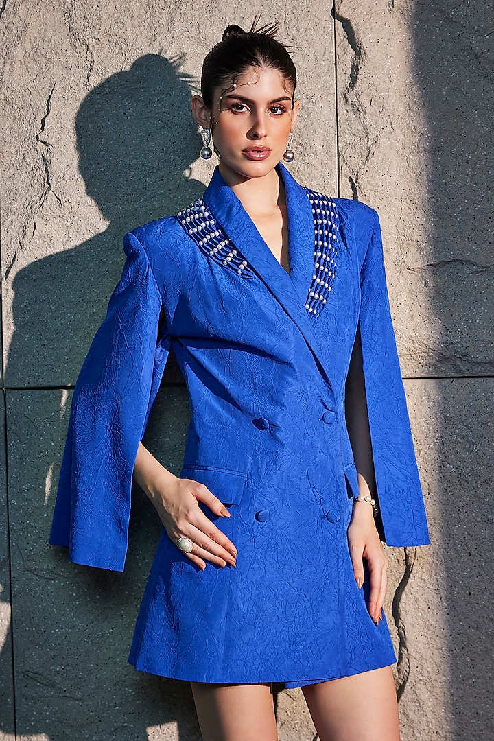 Imperial Blue Polyester Rayon Mini Jacket Dress by CP by Chandini and Priyanka at Pernia's Pop Up Shop