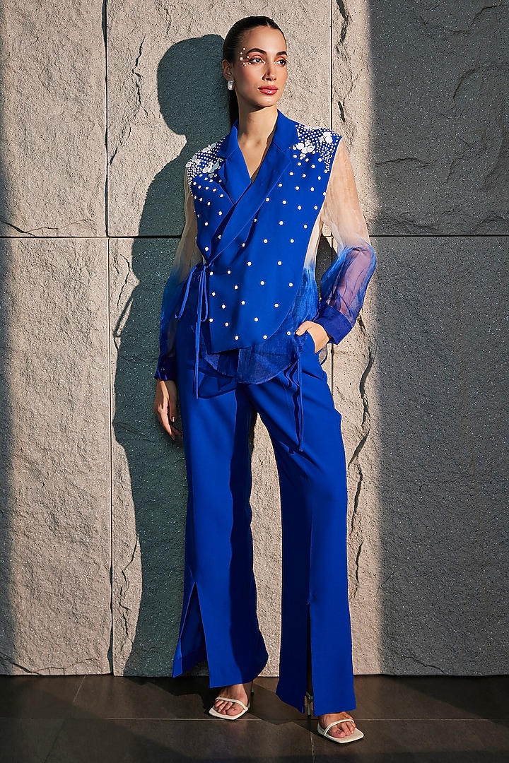 Imperial Blue & Ivory Imported Crepe & Organza Co-Ord Set by CP by Chandini and Priyanka at Pernia's Pop Up Shop