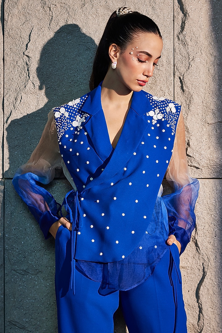 Imperial Blue & Ivory Imported Crepe & Organza Co-Ord Set by CP by Chandini and Priyanka at Pernia's Pop Up Shop