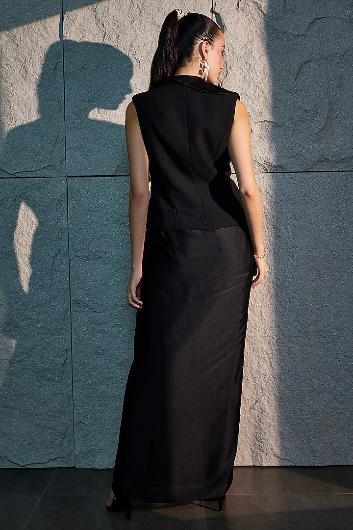 Black Metallic Satin Asymmetric Skirt Set by CP by Chandini and Priyanka at Pernia's Pop Up Shop