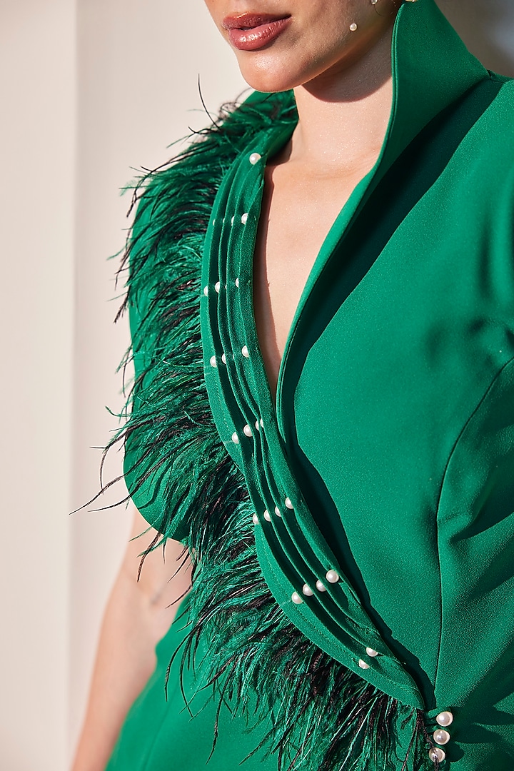 Emerald Green Imported Crepe High-Collared Mini Vacation Dress by CP by Chandini and Priyanka at Pernia's Pop Up Shop