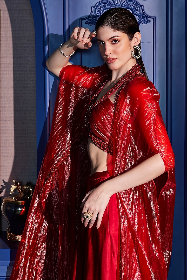 Scarlet Red Imported Satin Asymmetrical Skirt Set by CP by Chandini and Priyanka at Pernia's Pop Up Shop