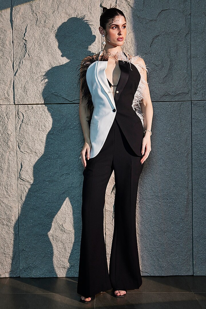 White & Black Imported Crepe Backless Jacket by CP by Chandini and Priyanka at Pernia's Pop Up Shop
