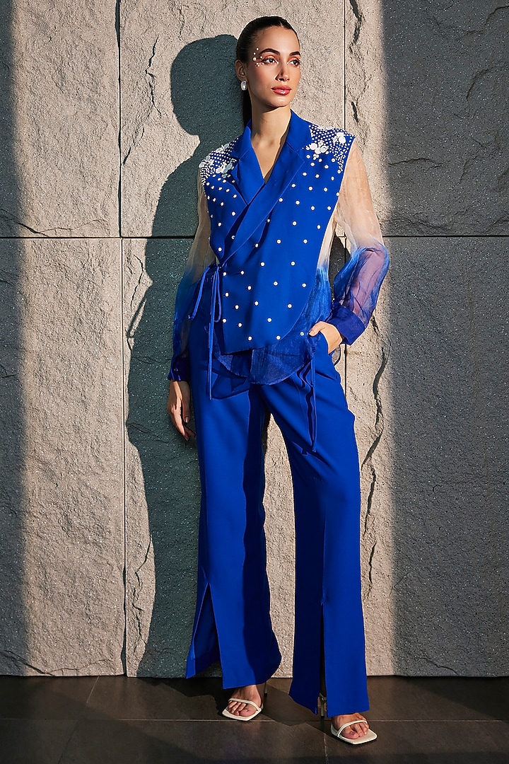 Imperial Blue & Ivory Imported Crepe & Organza Shirt by CP by Chandini and Priyanka at Pernia's Pop Up Shop