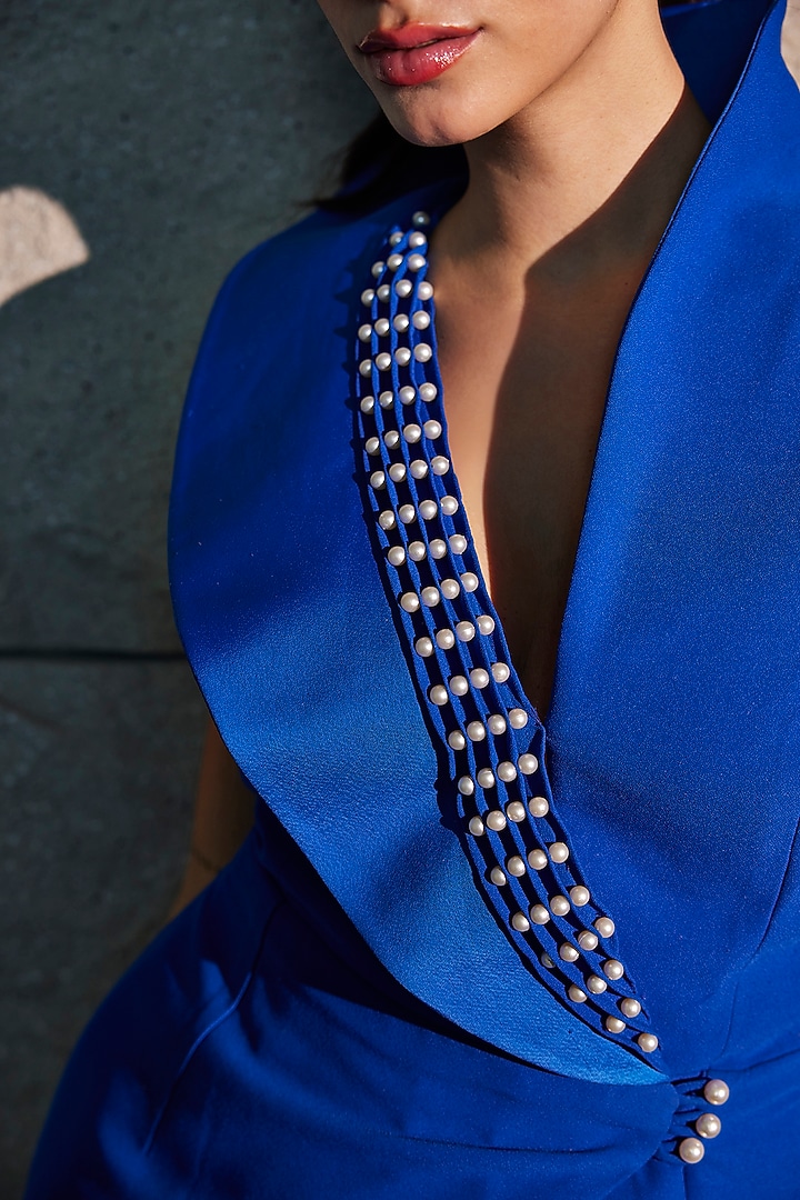 Imperial Blue Imported Crepe High-Collared Jacket by CP by Chandini and Priyanka at Pernia's Pop Up Shop