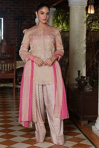 Mocha Brown Chanderi Silk Embroidered Kurta Set by CP by Chandini and Priyanka