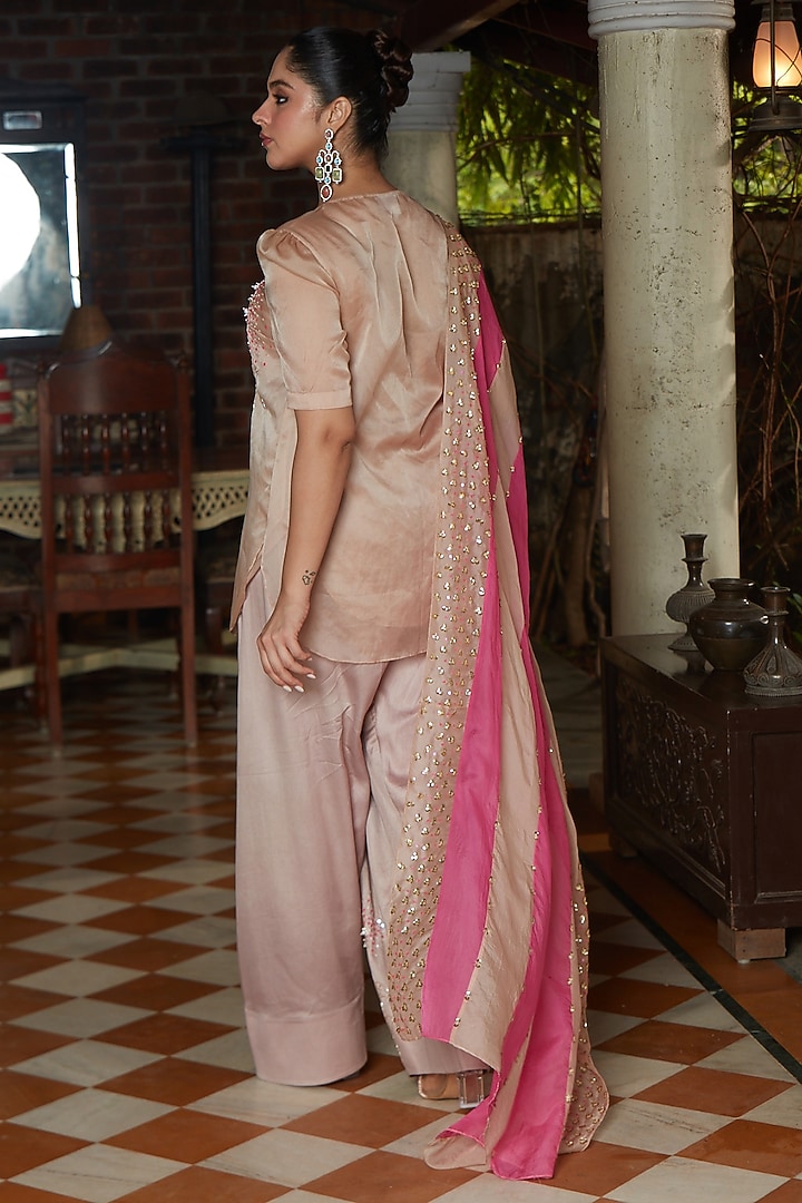 Mocha Brown Chanderi Silk Embroidered Kurta Set by CP by Chandini and Priyanka at Pernia's Pop Up Shop