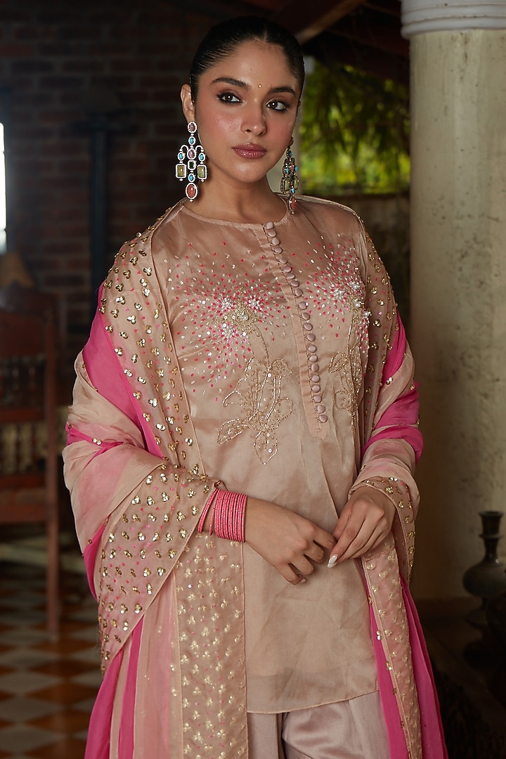 Mocha Brown Chanderi Silk Embroidered Kurta Set by CP by Chandini and Priyanka at Pernia's Pop Up Shop