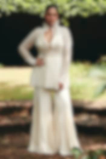 Ivory Chantilly Net Embroidered Jacket Set by CP by Chandini and Priyanka at Pernia's Pop Up Shop