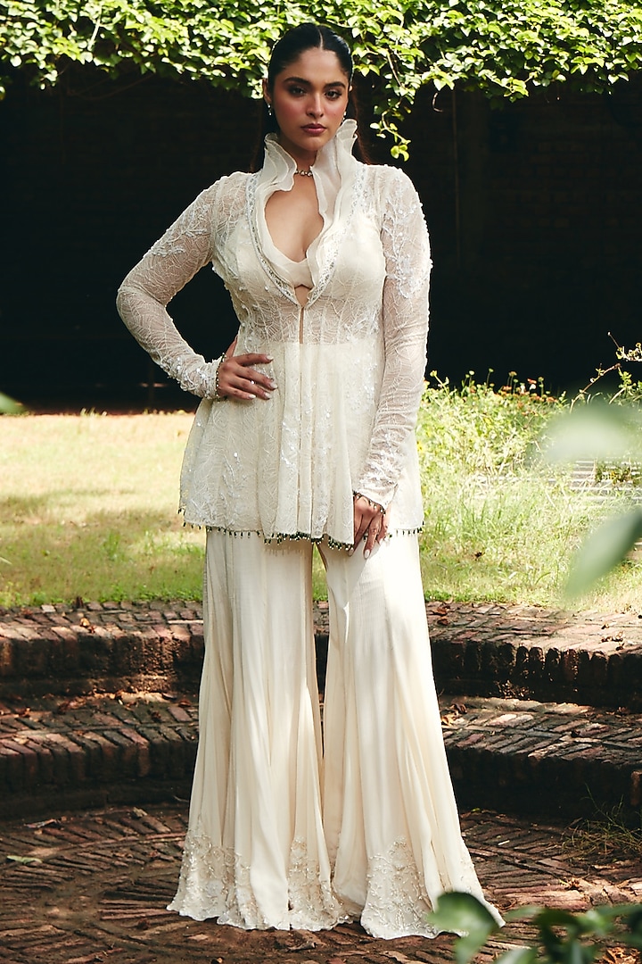 Ivory Chantilly Net Embroidered Jacket Set by CP by Chandini and Priyanka at Pernia's Pop Up Shop