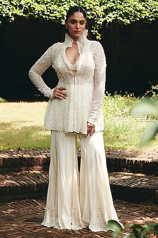 Ivory Chantilly Net Embroidered Jacket Set by CP by Chandini and Priyanka
