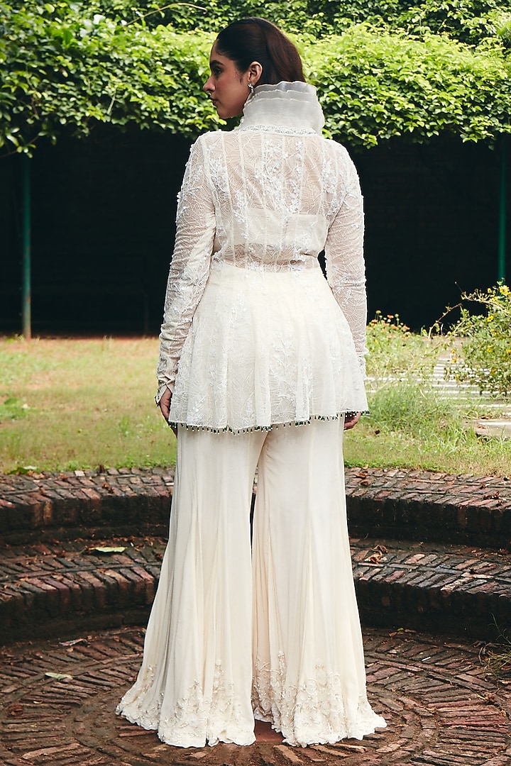 Ivory Chantilly Net Embroidered Jacket Set by CP by Chandini and Priyanka at Pernia's Pop Up Shop