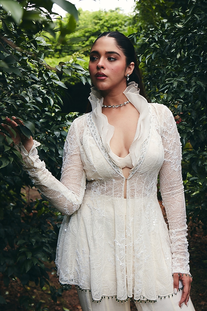 Ivory Chantilly Net Embroidered Jacket Set by CP by Chandini and Priyanka at Pernia's Pop Up Shop