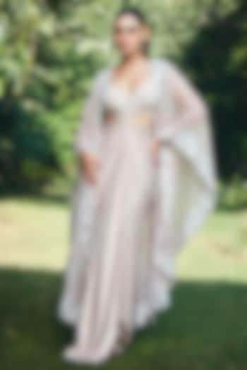 Blush Peach Chiffon Organza Embroidered Cape Set by CP by Chandini and Priyanka at Pernia's Pop Up Shop