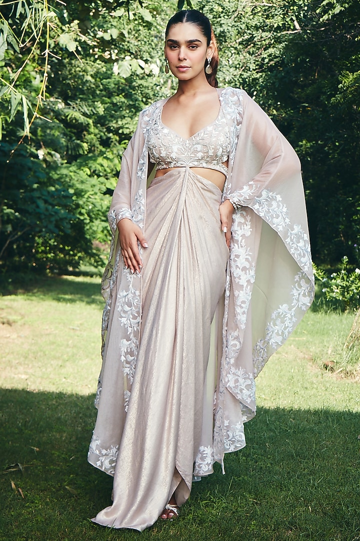 Blush Peach Chiffon Organza Embroidered Cape Set by CP by Chandini and Priyanka at Pernia's Pop Up Shop