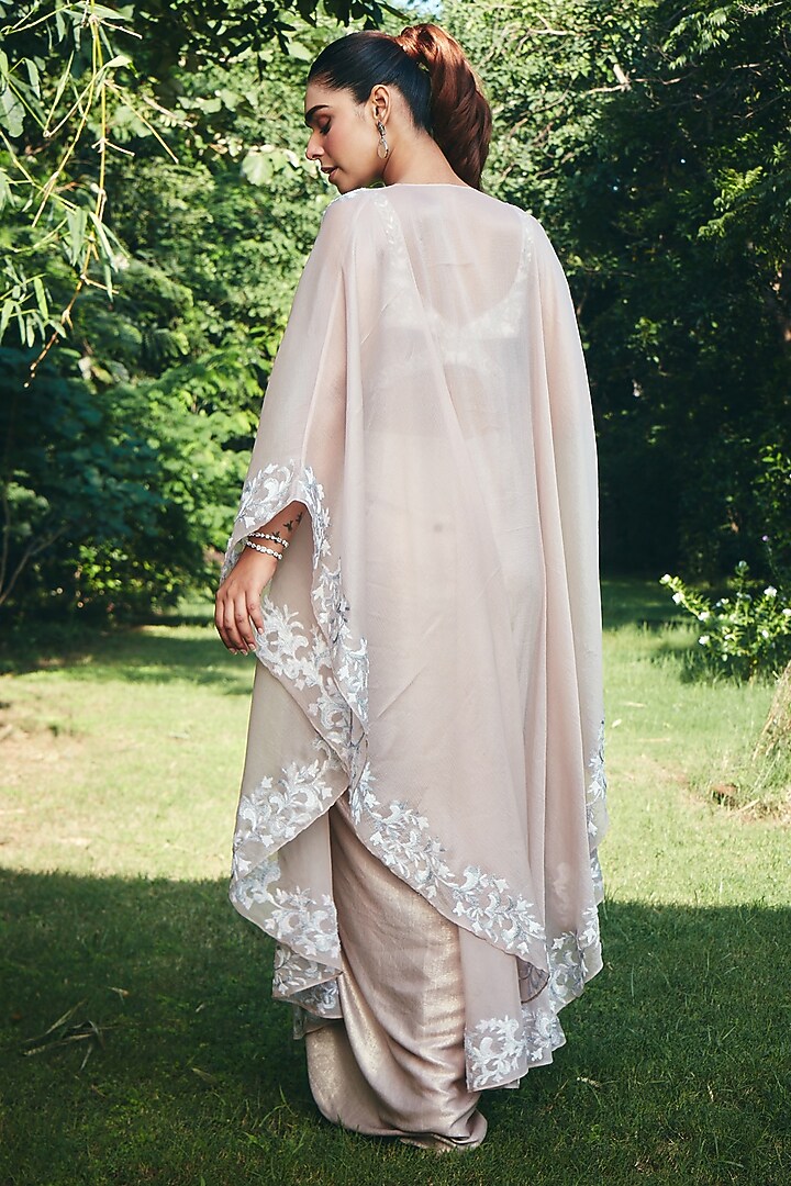 Blush Peach Chiffon Organza Embroidered Cape Set by CP by Chandini and Priyanka at Pernia's Pop Up Shop