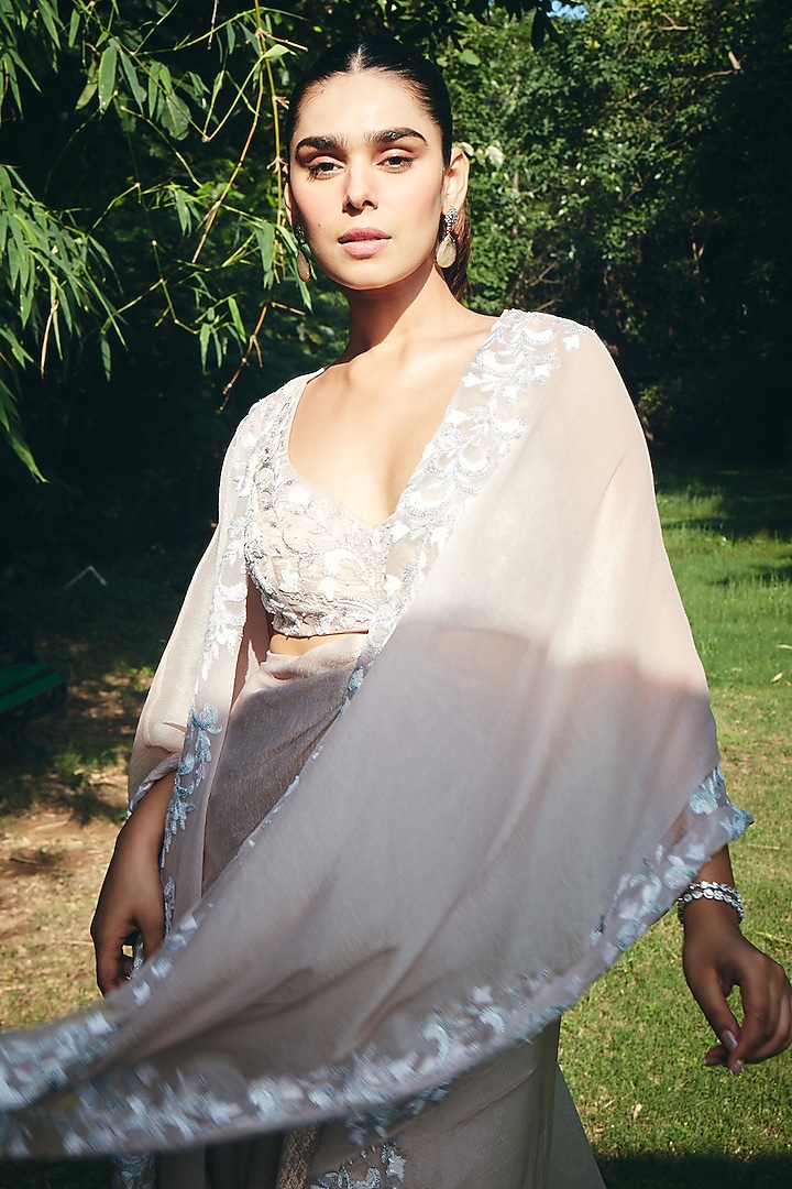 Blush Peach Chiffon Organza Embroidered Cape Set by CP by Chandini and Priyanka at Pernia's Pop Up Shop