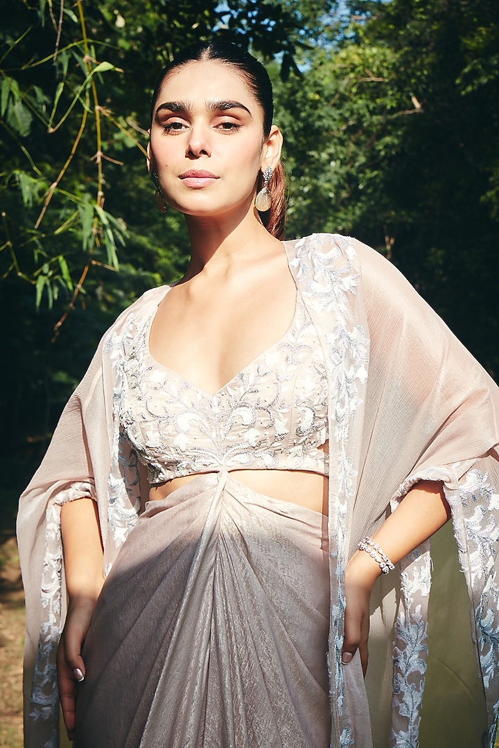 Blush Peach Chiffon Organza Embroidered Cape Set by CP by Chandini and Priyanka at Pernia's Pop Up Shop