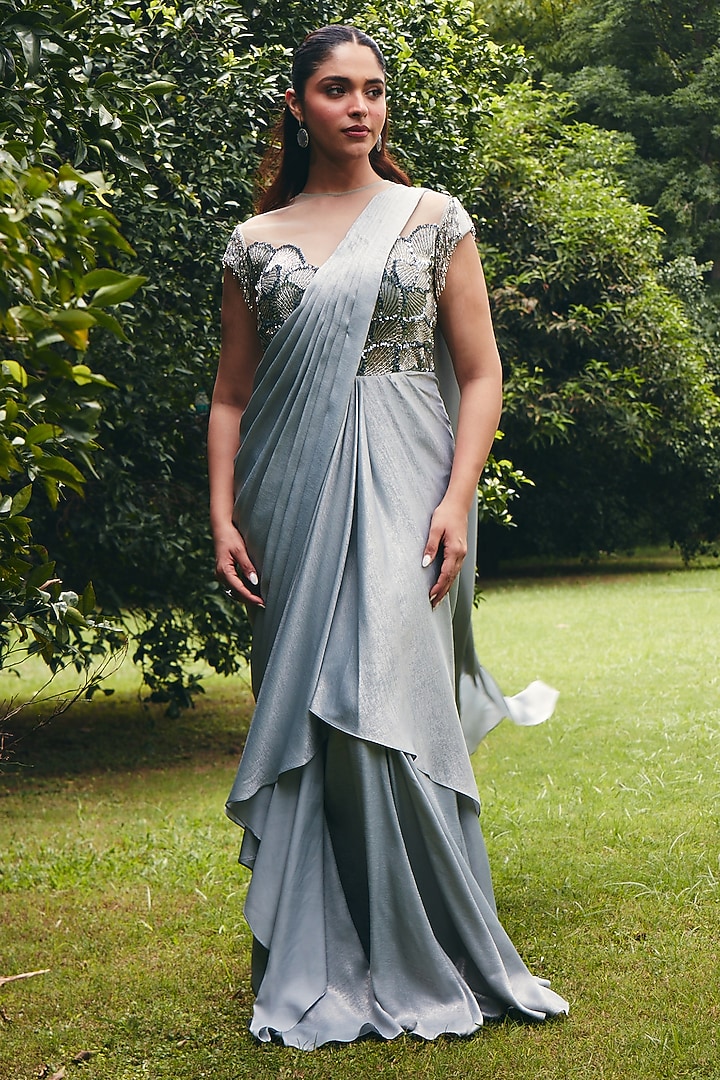 Ice Grey Foil Satin Embellished Pre-Draped Corset Wedding Saree by CP by Chandini and Priyanka at Pernia's Pop Up Shop