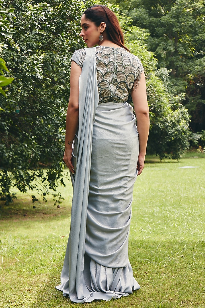 Ice Grey Foil Satin Embellished Pre-Draped Corset Wedding Saree by CP by Chandini and Priyanka at Pernia's Pop Up Shop