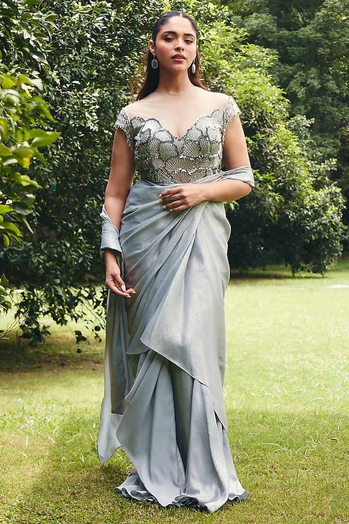 Ice Grey Foil Satin Embellished Pre-Draped Corset Wedding Saree by CP by Chandini and Priyanka at Pernia's Pop Up Shop