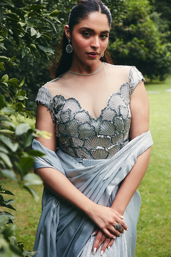 Ice Grey Foil Satin Embellished Pre-Draped Corset Wedding Saree by CP by Chandini and Priyanka at Pernia's Pop Up Shop