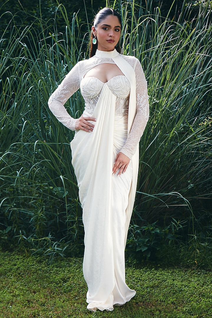 Ivory Imported Satin Embroidered Pre-Draped Wedding Saree by CP by Chandini and Priyanka at Pernia's Pop Up Shop