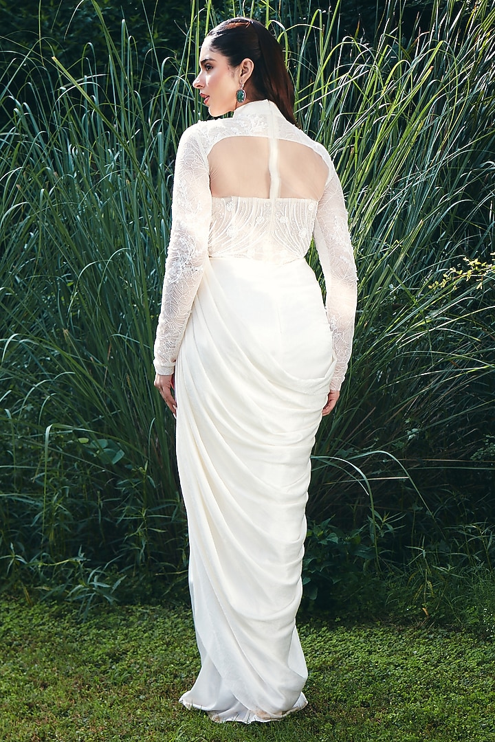 Ivory Imported Satin Embroidered Pre-Draped Wedding Saree by CP by Chandini and Priyanka at Pernia's Pop Up Shop