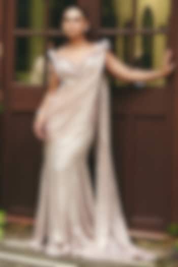 Blush Peach Foil Satin Embroidered Pre-Draped Wedding Saree by CP by Chandini and Priyanka at Pernia's Pop Up Shop