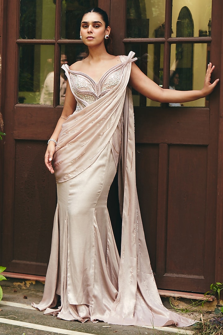 Blush Peach Foil Satin Embroidered Pre-Draped Wedding Saree by CP by Chandini and Priyanka at Pernia's Pop Up Shop