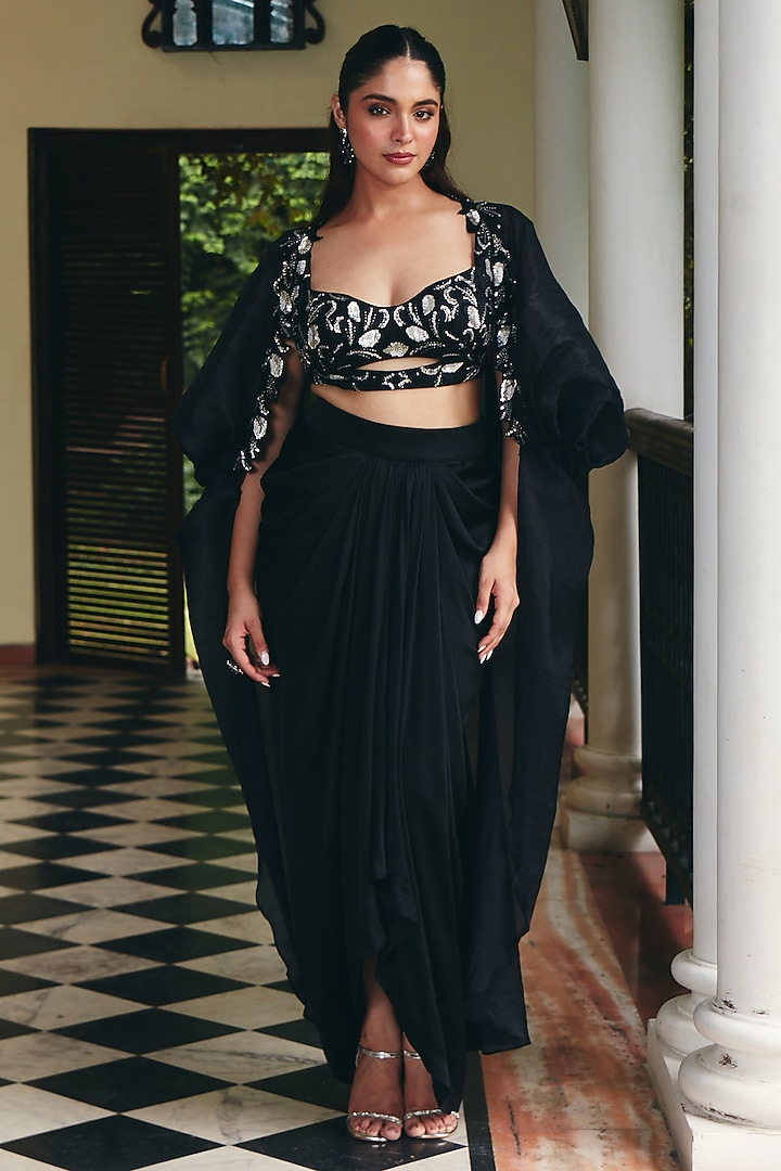 Jade Black Chiffon Organza Embroidered Cape Set by CP by Chandini and Priyanka at Pernia's Pop Up Shop