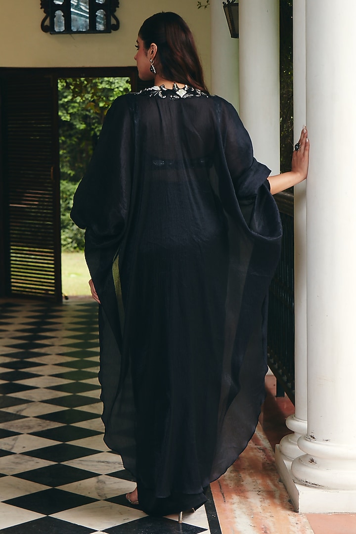 Jade Black Chiffon Organza Embroidered Cape Set by CP by Chandini and Priyanka at Pernia's Pop Up Shop